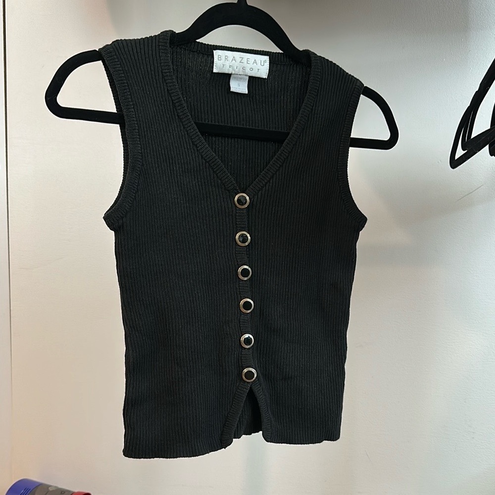 Brazeau Tricot Black Knit Vest Tank Sweater Ribbed 100% Cotton Vintage